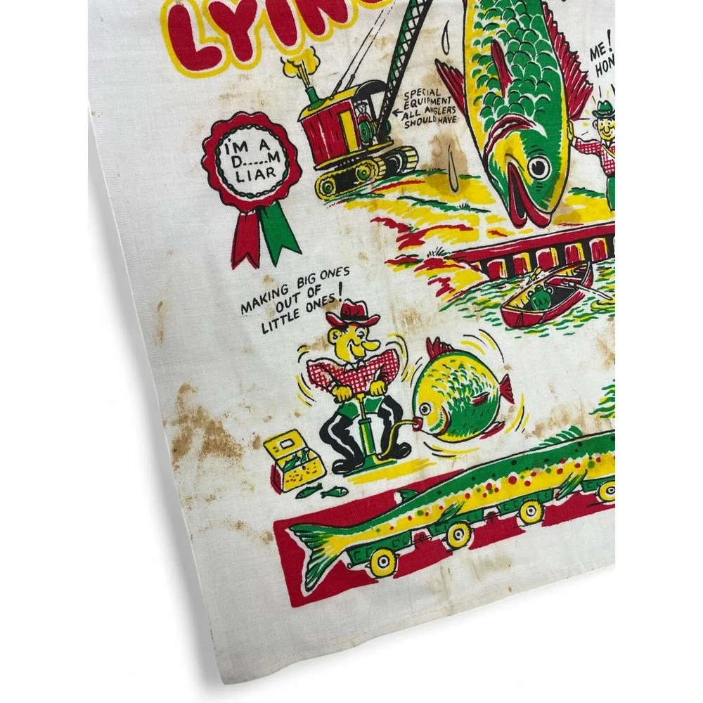 Vintage Fisherman's Lying Towel 1950s Mid Century Dish Tea Kitsch Funny Novelty